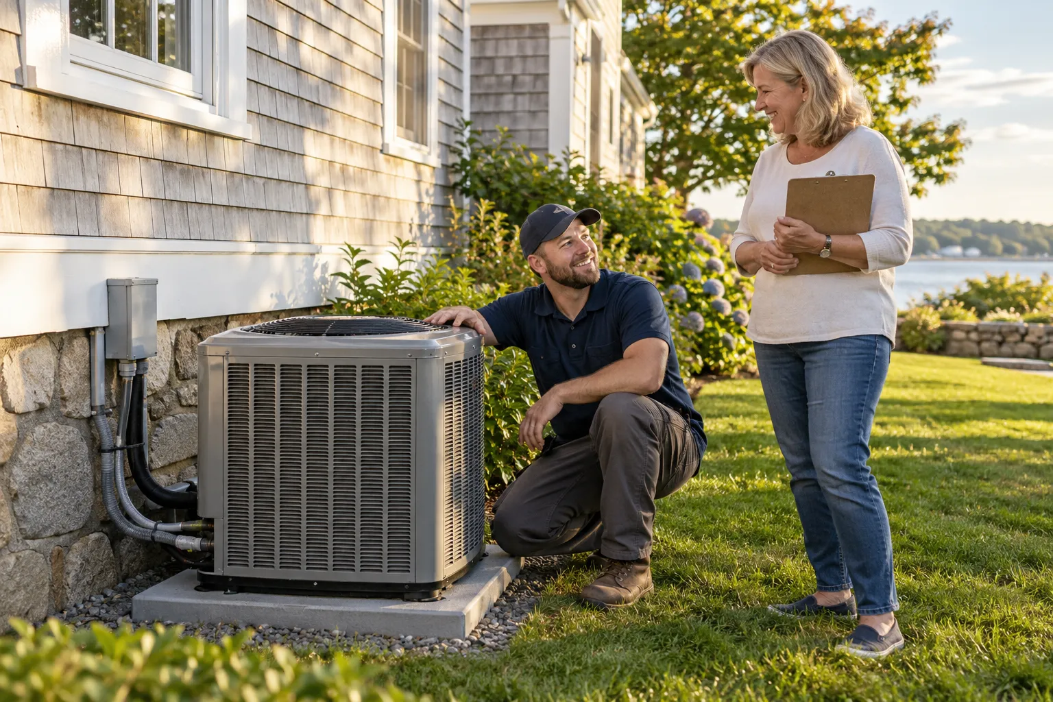 A friendly provider checking a new outdoor AC unit beside a Cape Cod style home near Sayreville