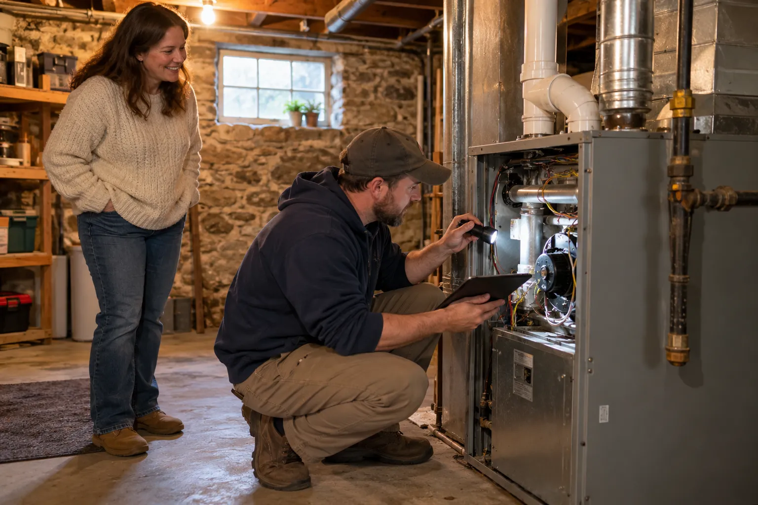 Friendly HVAC provider checking a furnace in a basement of an older home near Sayreville