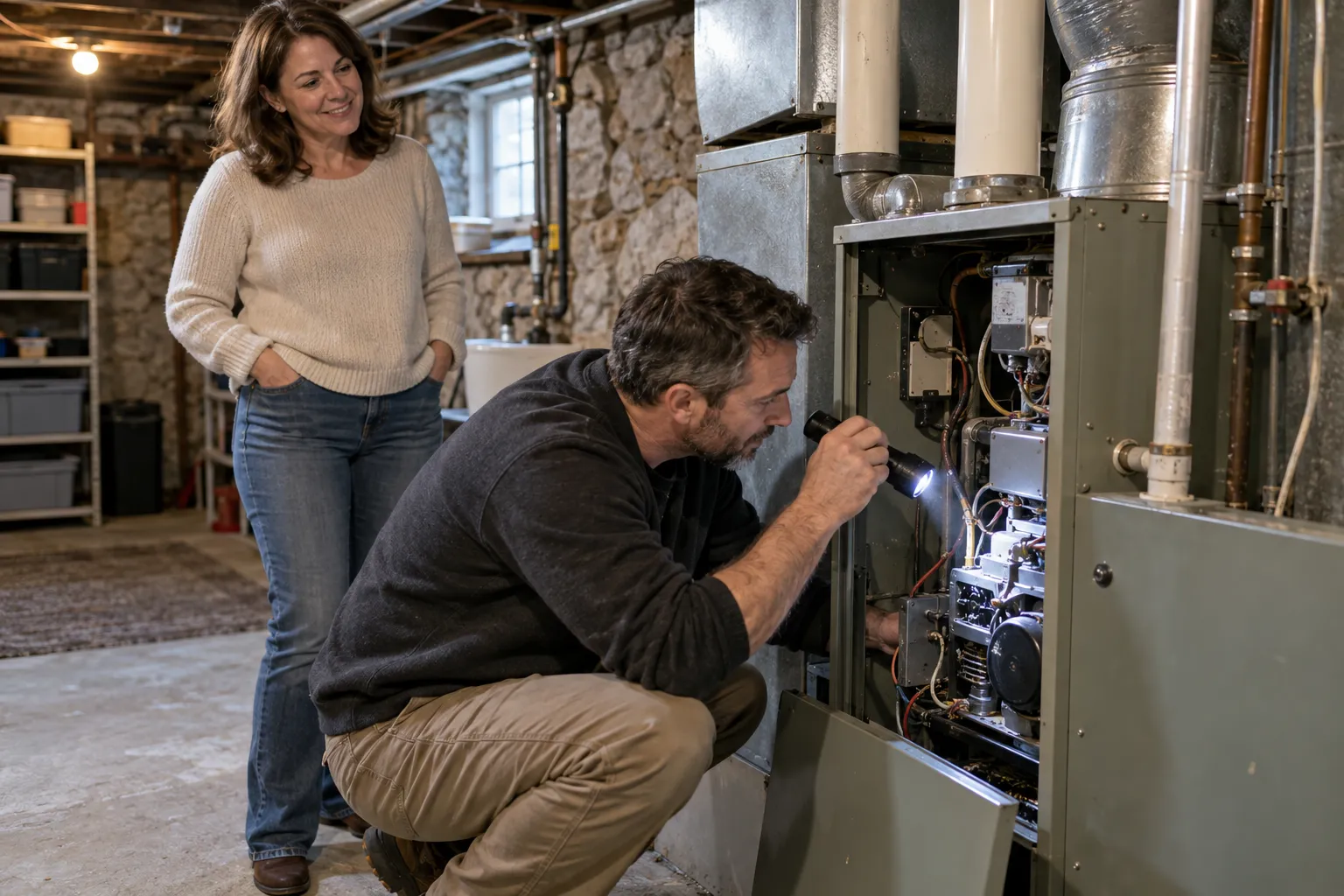 A provider checking a furnace in an older basement in the Sayreville area
