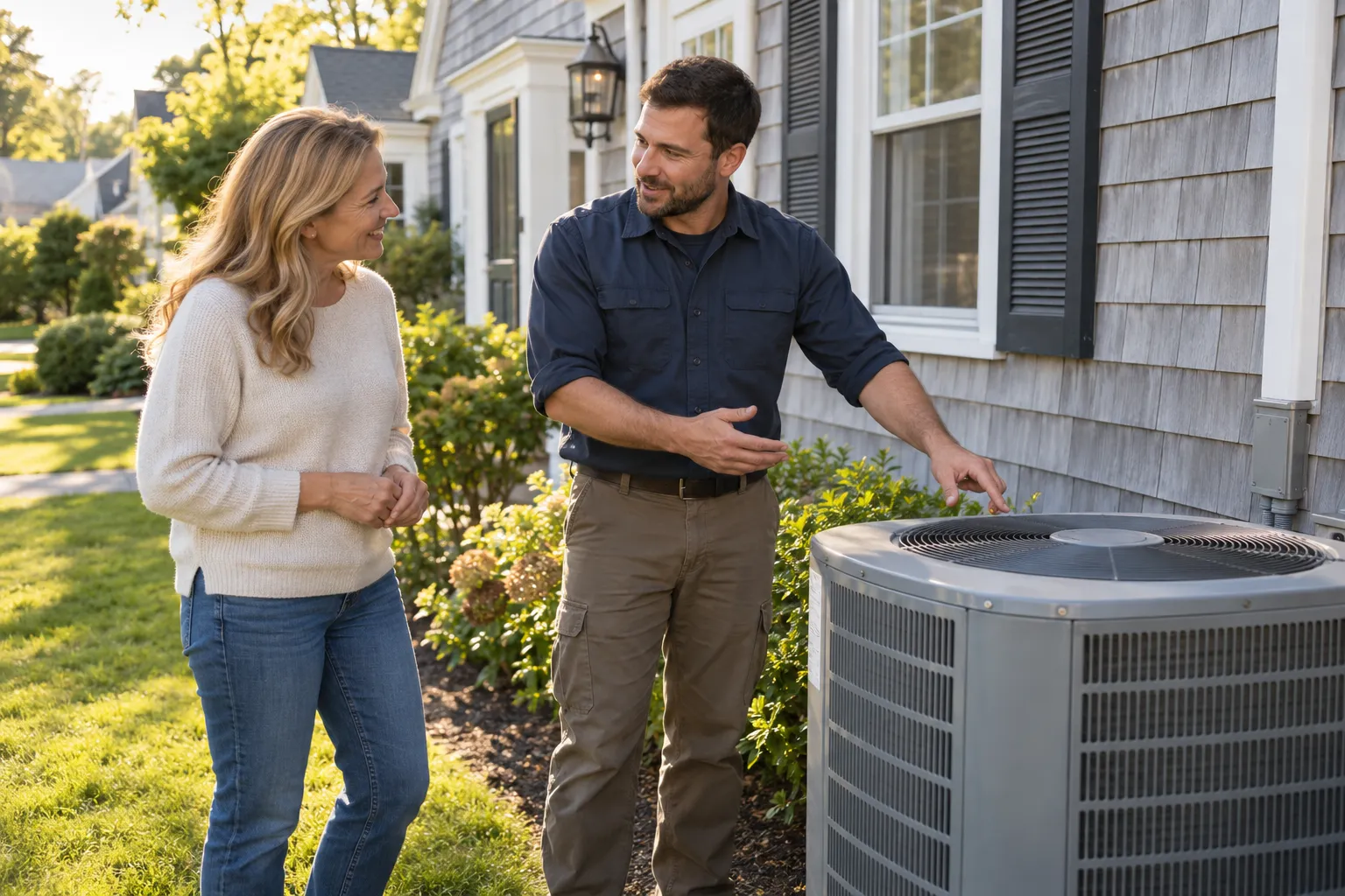 A homeowner talking with an HVAC provider beside an outdoor AC unit in Sayreville